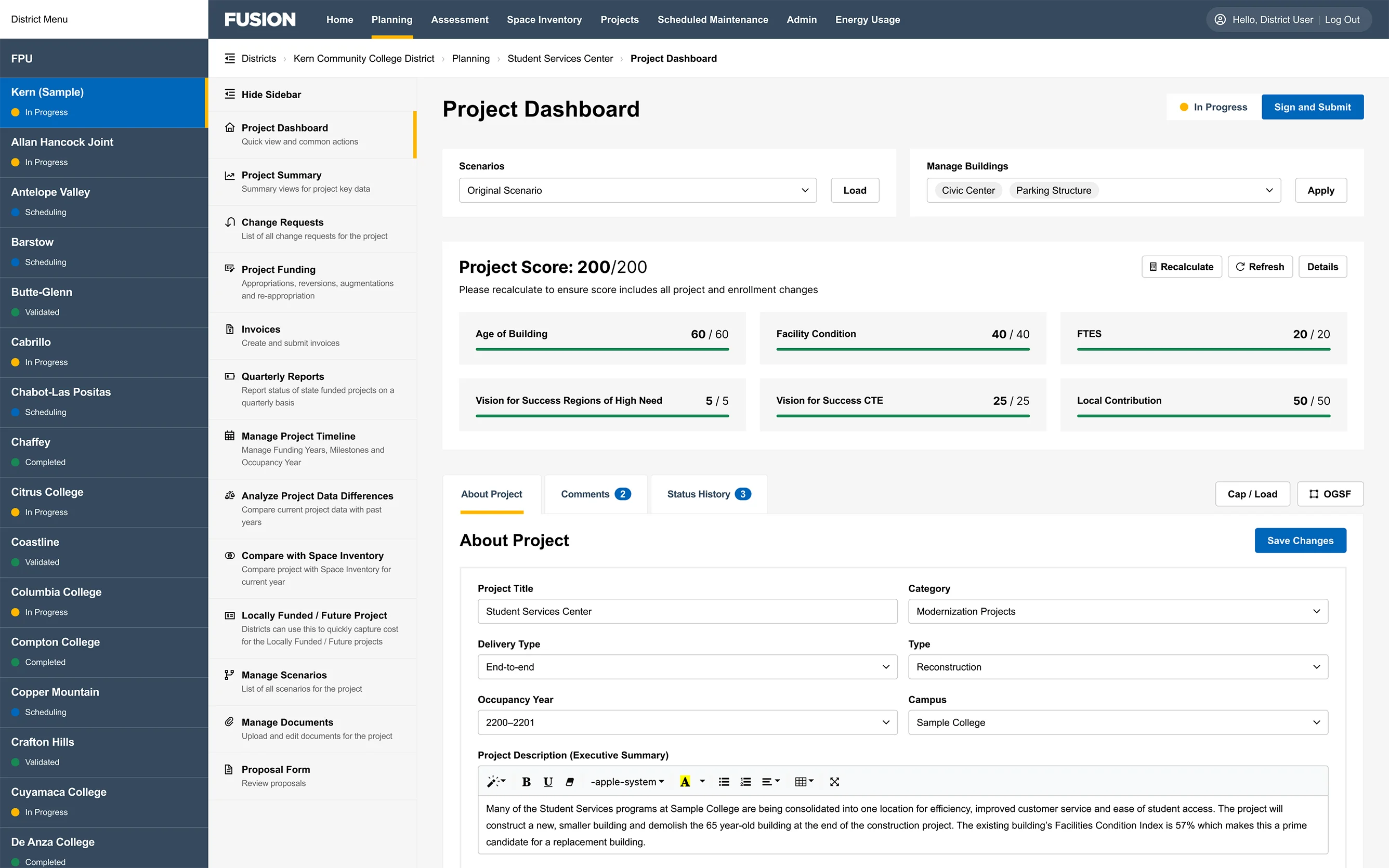 Screenshot of the FUSION project module screen